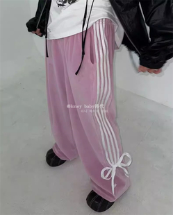 韩代潮牌awesome sauce虞书欣同款velet蝴蝶结丝绒运动裤 阔腿裤