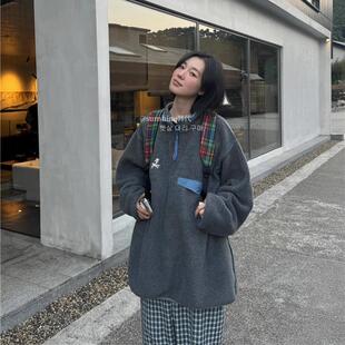 韩代潮牌FRECKLE小羊刺绣摇粒绒 半拉链百搭休闲宽松上衣卡通卫衣