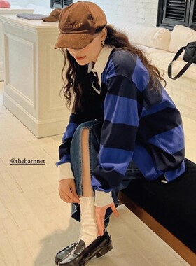 韩代潮牌The Barnnet22早春新款POLO领休闲条纹长袖T恤男女款上衣