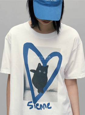 韩代潮牌sienne爱心小猫咪短袖许英智同款复古印花短袖T恤上衣ins