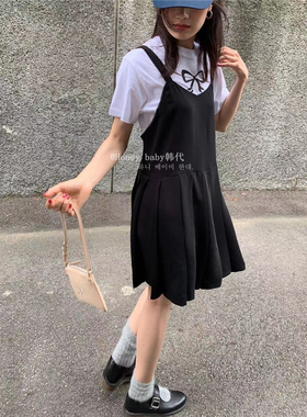 韩代潮牌modest mood蝴蝶结印花短袖T恤百褶裙花边吊带黑色连衣裙