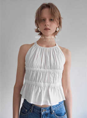 韩代潮牌smoothmood新款棉100%白色衬衫直角肩无袖挂脖 褶皱背心