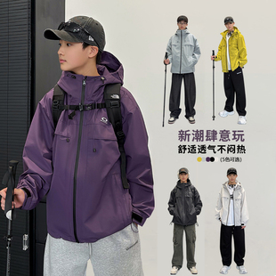 男大童冲锋衣春秋2025新款胖童装衣服加肥加大初中生防水上衣外套