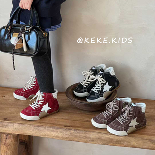男童软底防滑运动鞋 女童鞋 真皮高帮儿童星星板鞋 秋冬季 子2025新款