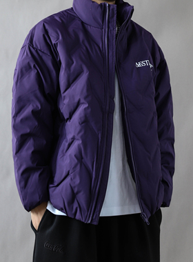 90绒羽绒服男短款立领轻薄保暖外套冬季2025美式复古大码上衣紫色