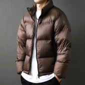 90白鸭绒羽绒服外套男亮面2024秋冬美式 简约 立领加厚宽松咖色大码