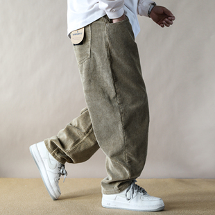 加绒加厚日系复古灯芯绒直筒裤男宽松休闲军卡其长裤子2025新款