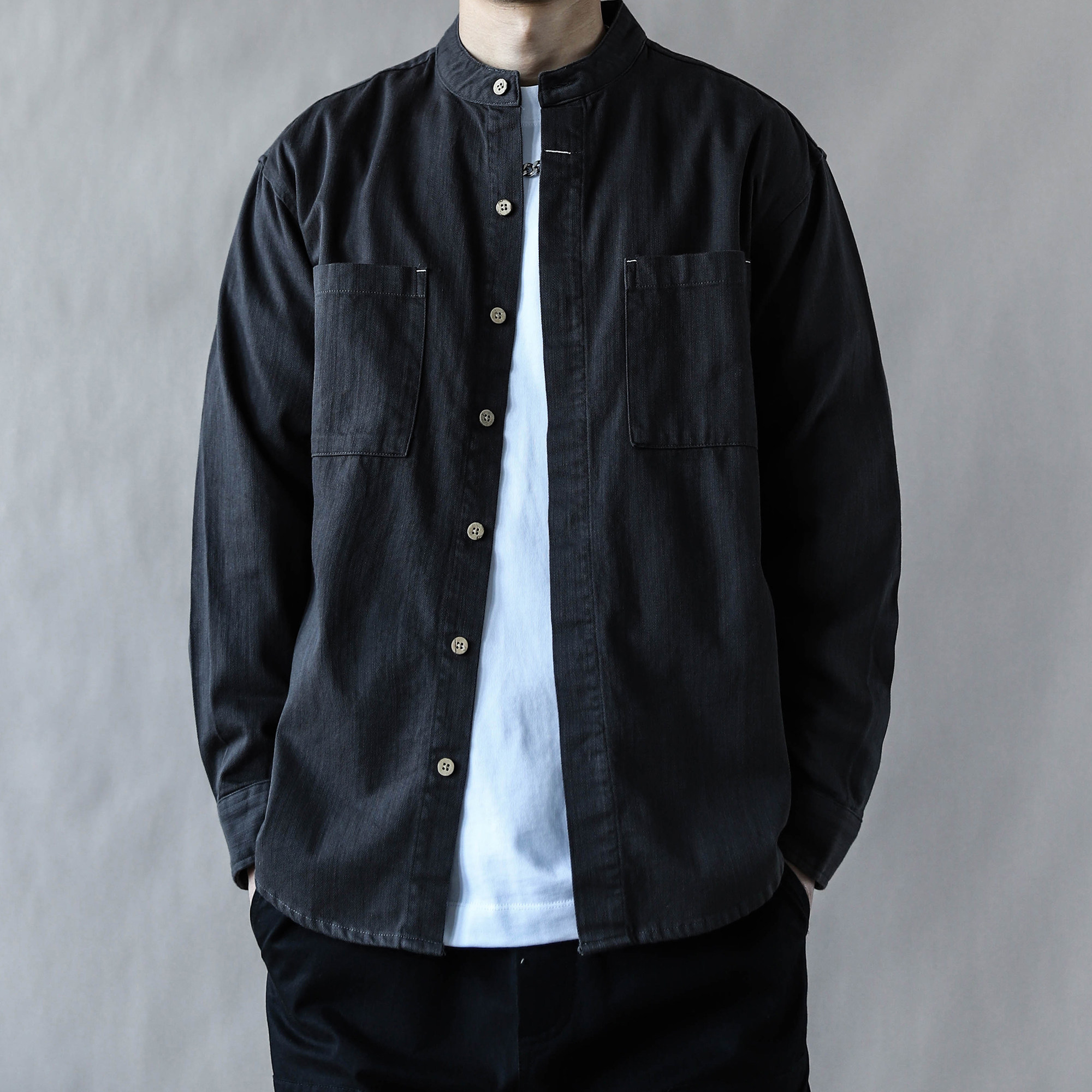 美式复古立领纯棉长袖衬衫男春季宽松休闲衬衣纯色2026开衫灰色