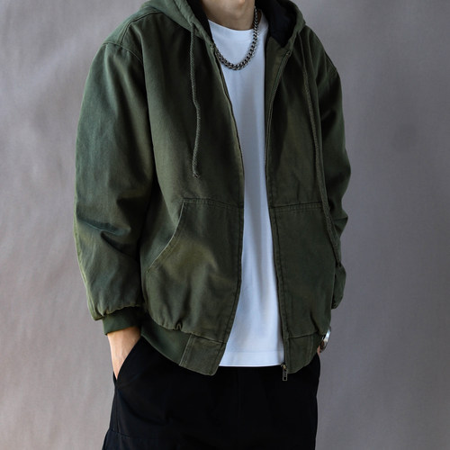 棉衣男款美式复古重磅连帽冬季宽松休闲2025新款潮牌外套男款军绿