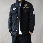 风立领短款 羽绒服男黑色假两件徽章装 饰保暖外套大码 工装 宽松冬季