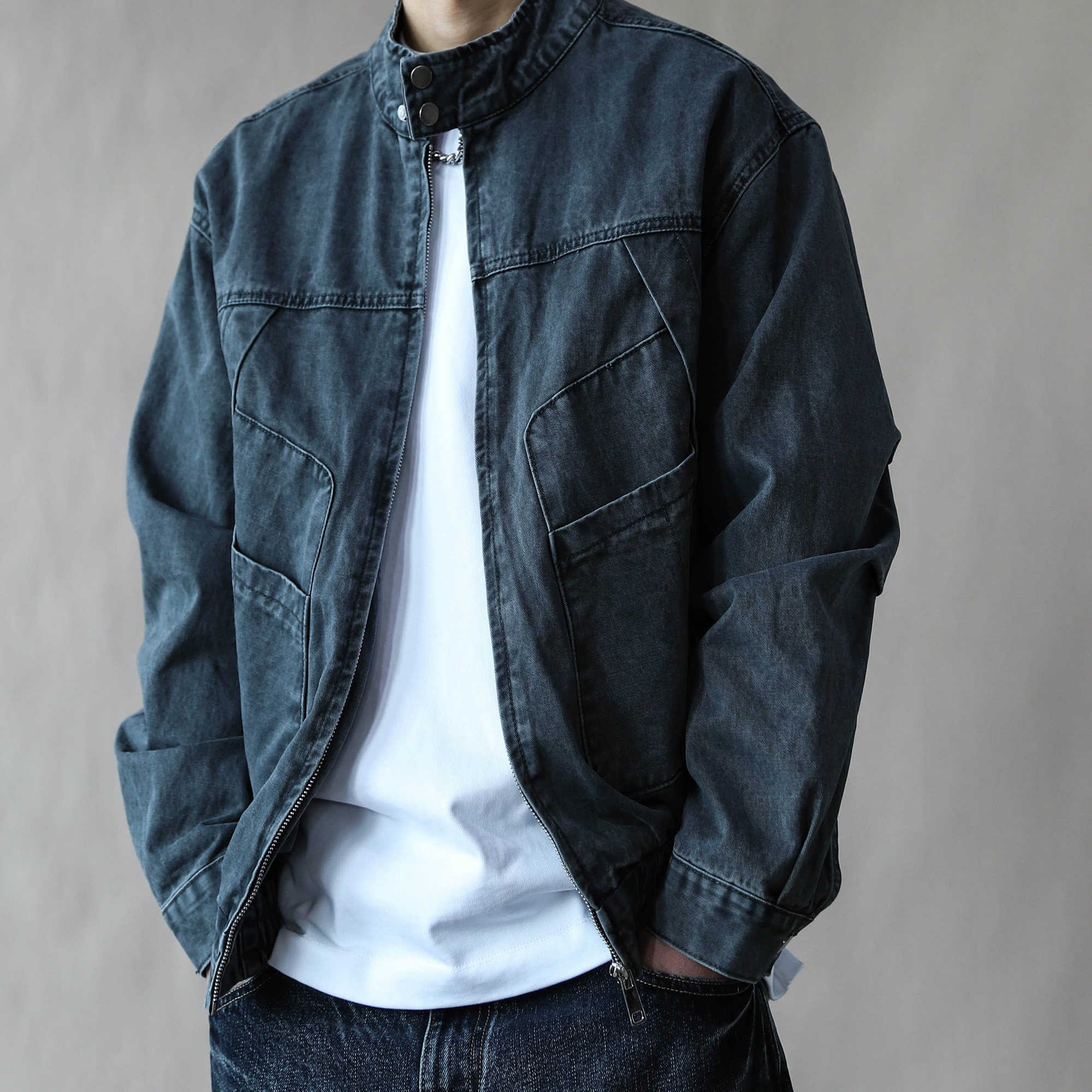 美式复古立领飞行员夹克男春秋宽松休闲哈灵顿外套2026水洗深灰色