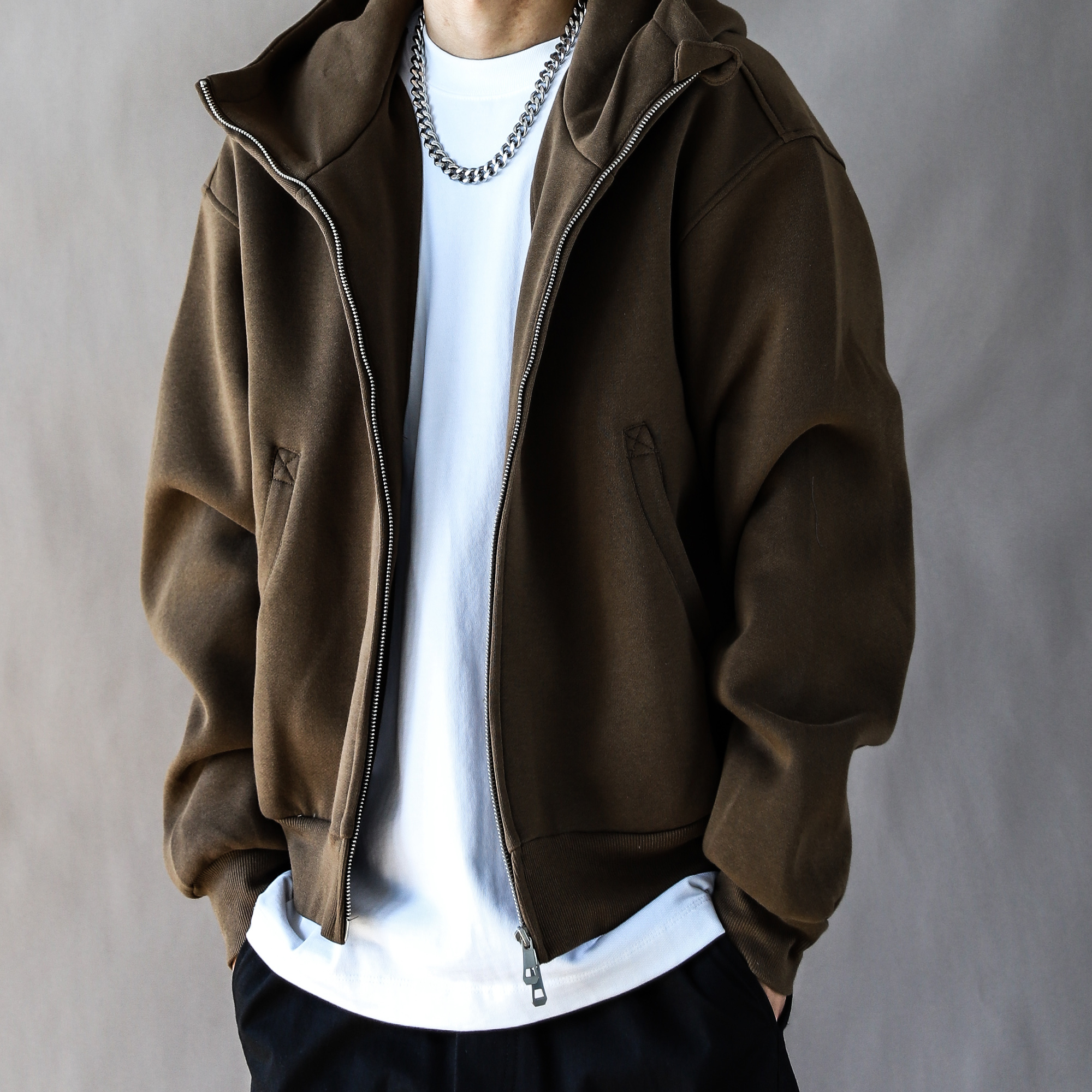 美式复古重磅卫衣男春秋潮宽松休闲2025新款高街连帽开衫外套咖色