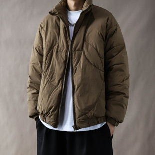 美式复古立领羽绒服男短款咖色宽松加厚保暖外套潮牌2025面包服