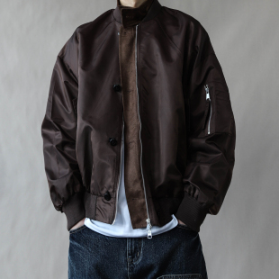 美式复古飞行员夹克男立领拉链棒球服宽松休闲外套2026春秋棕色