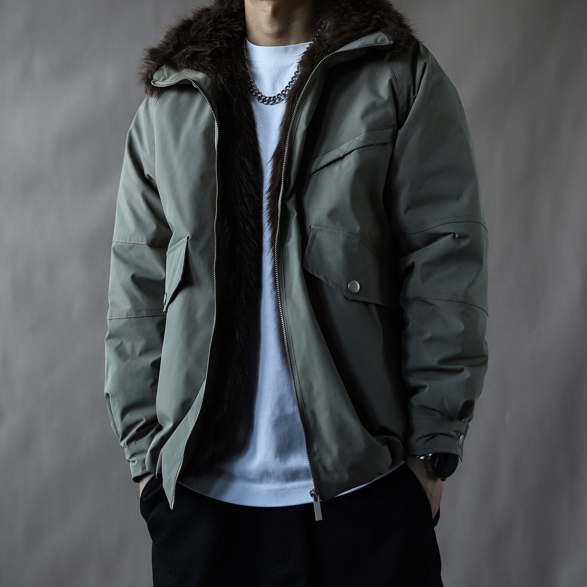 环保皮草毛领派克羽绒服男2025冬季新款加厚保暖灰色大码百搭潮牌