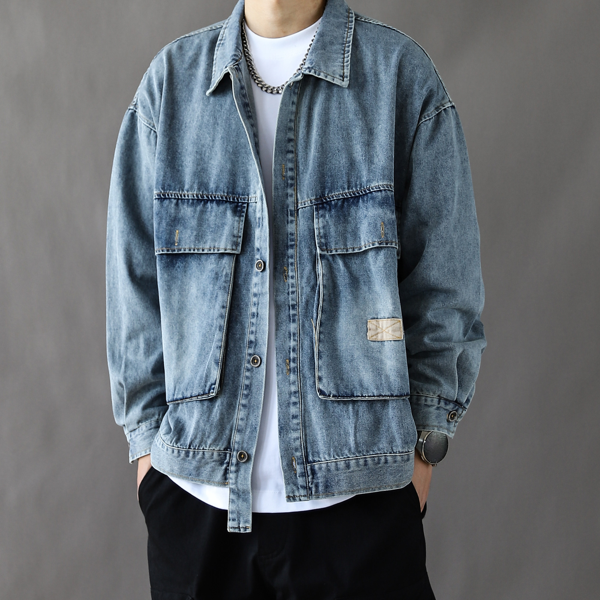 日系大口袋工装夹克男高街oversize潮牌衣服美式机能宽松牛仔外套