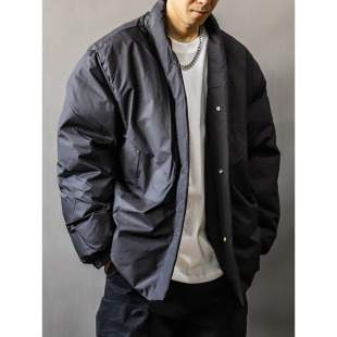 外套日式 24秋冬新款 V领棉服中国风男装 无领美式 潮牌 道袍大码 冬季