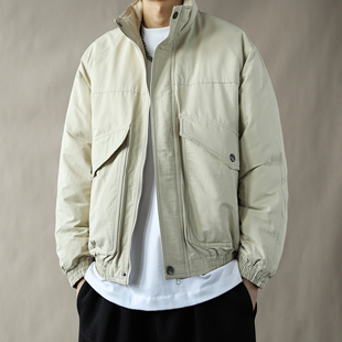 美式复古立领短款羽绒服男宽松保暖工装风外套冬季2025有型米杏色