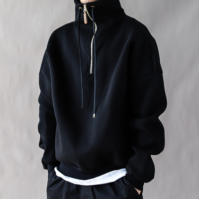 美式复古重磅卫衣男春秋宽松休闲2025新款高街立领运动外套黑色