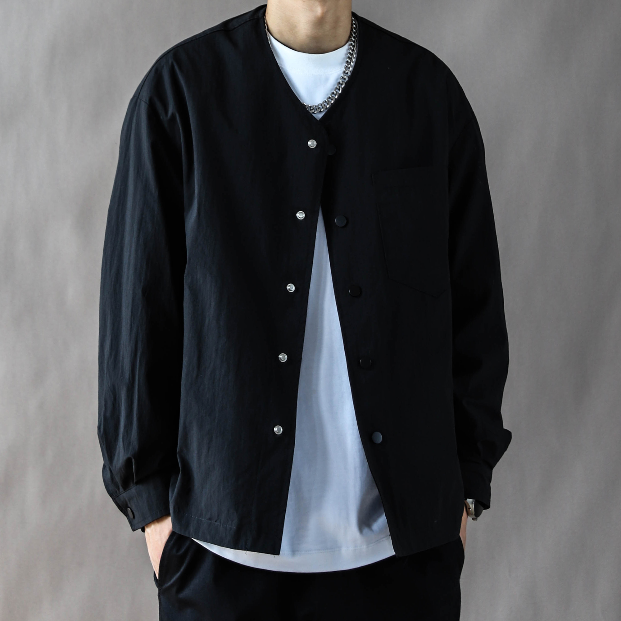 工装复古重磅夹克男春秋宽松休闲2025新款高街无领道袍外套黑色