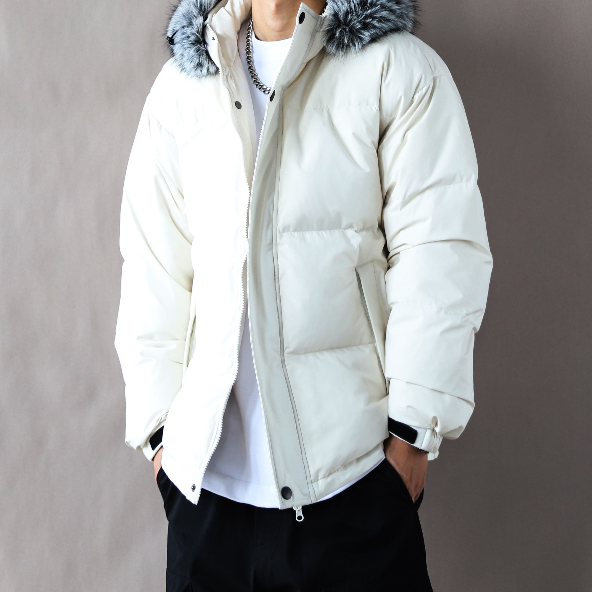 特氟龙三防连帽90绒羽绒服男毛领冬季加厚保暖外套宽松上衣白色