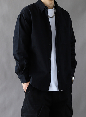 美式水洗棉工装衬衫男休闲长袖纯色百搭黑色高级感宽松简约2025