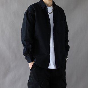 男休闲长袖 衬衫 纯色百搭黑色高级感宽松简约2026 水洗棉工装 美式