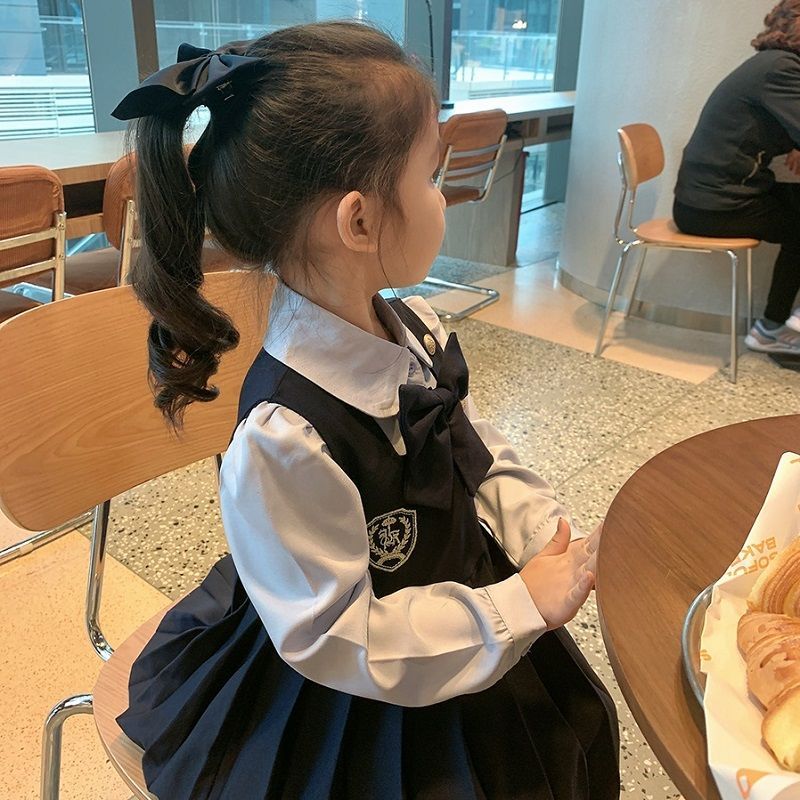 女童连衣裙jk制服英伦风春秋2025长袖假两件学院风女宝春装连衣裙图片