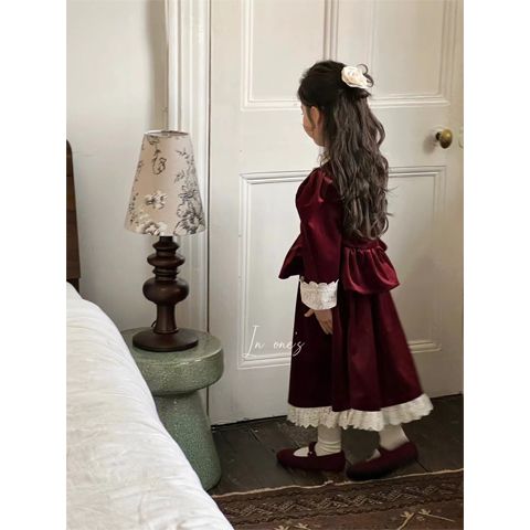 女童丝绒套装裙秋冬春儿童洋气复古宫廷风加绒半身裙上衣两件套装