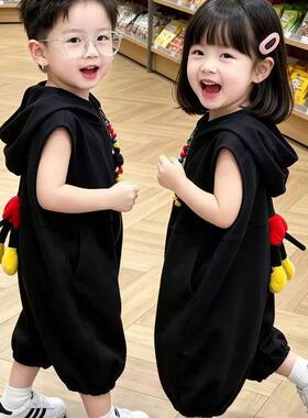 儿童宝宝连体衣休闲宽松7分裤男童夏季新款韩版女童连帽米奇裤子