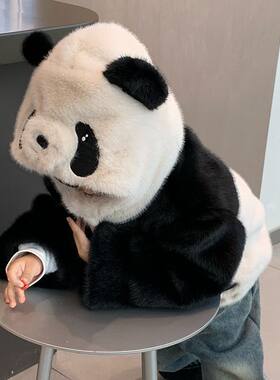 儿童冬季熊猫毛毛衣外套女童宝加绒加厚脚印口袋男孩卡通可爱外套