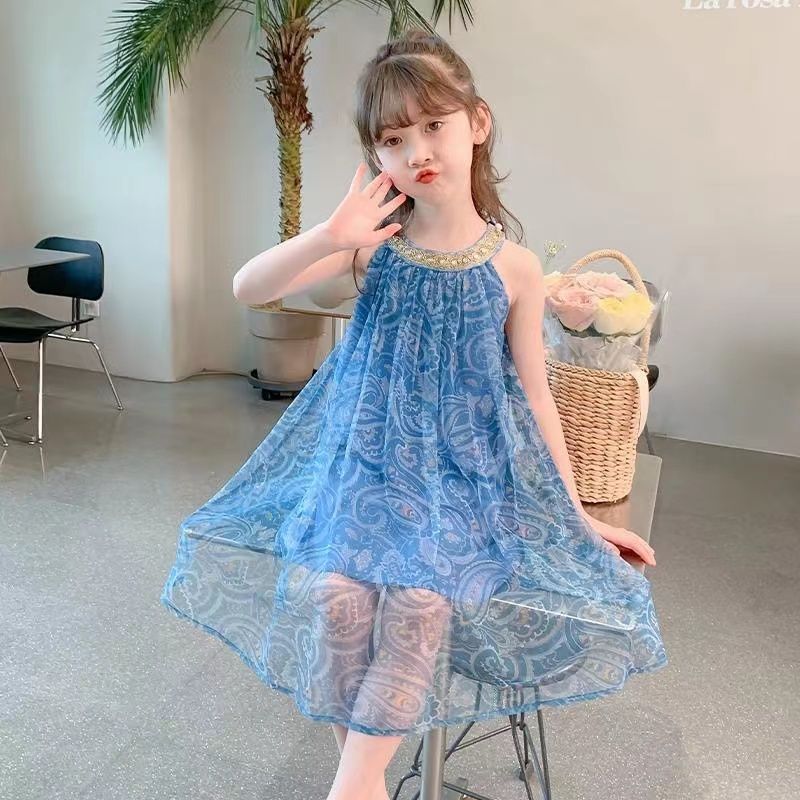 女童连衣裙夏装裙子儿童无袖吊带背心公主女孩度假网纱A字沙滩裙
