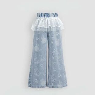 女童牛仔裤春秋季新款儿童洋气韩系蕾丝花边阔长腿休闲时髦裤裤子