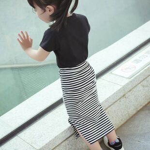 女童春夏季包臀裙韩版黑白条纹时髦开叉长裙修身百搭紧身半身裙子