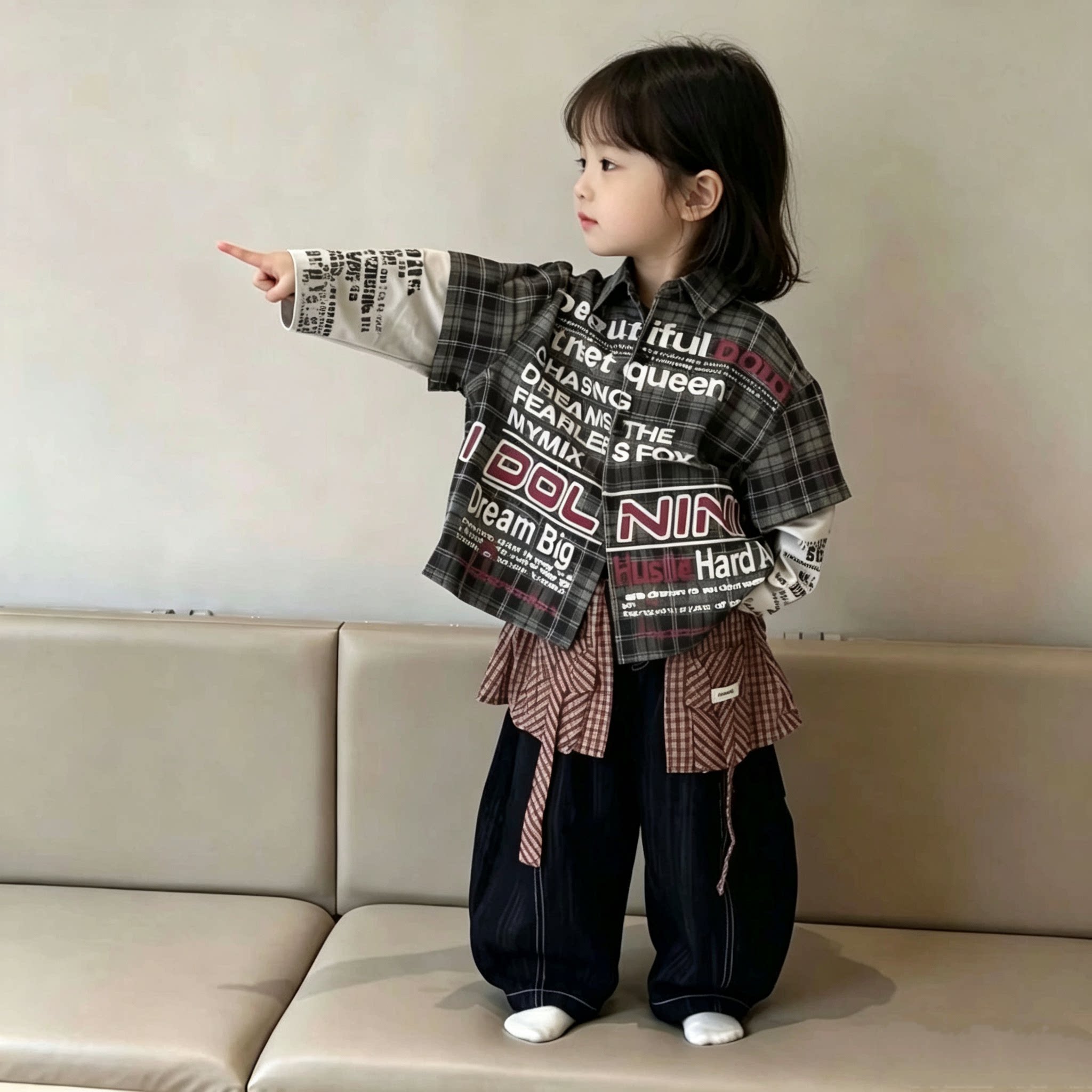 女童春秋季假两件长袖卫衣格子衬衫套装儿童洋气屁帘牛仔裤两件套图片