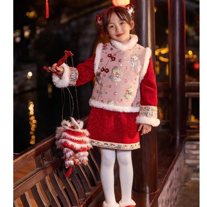 女童拜年服汉服演出儿童旗袍冬春唐装女孩古风加厚保暖中式过年服