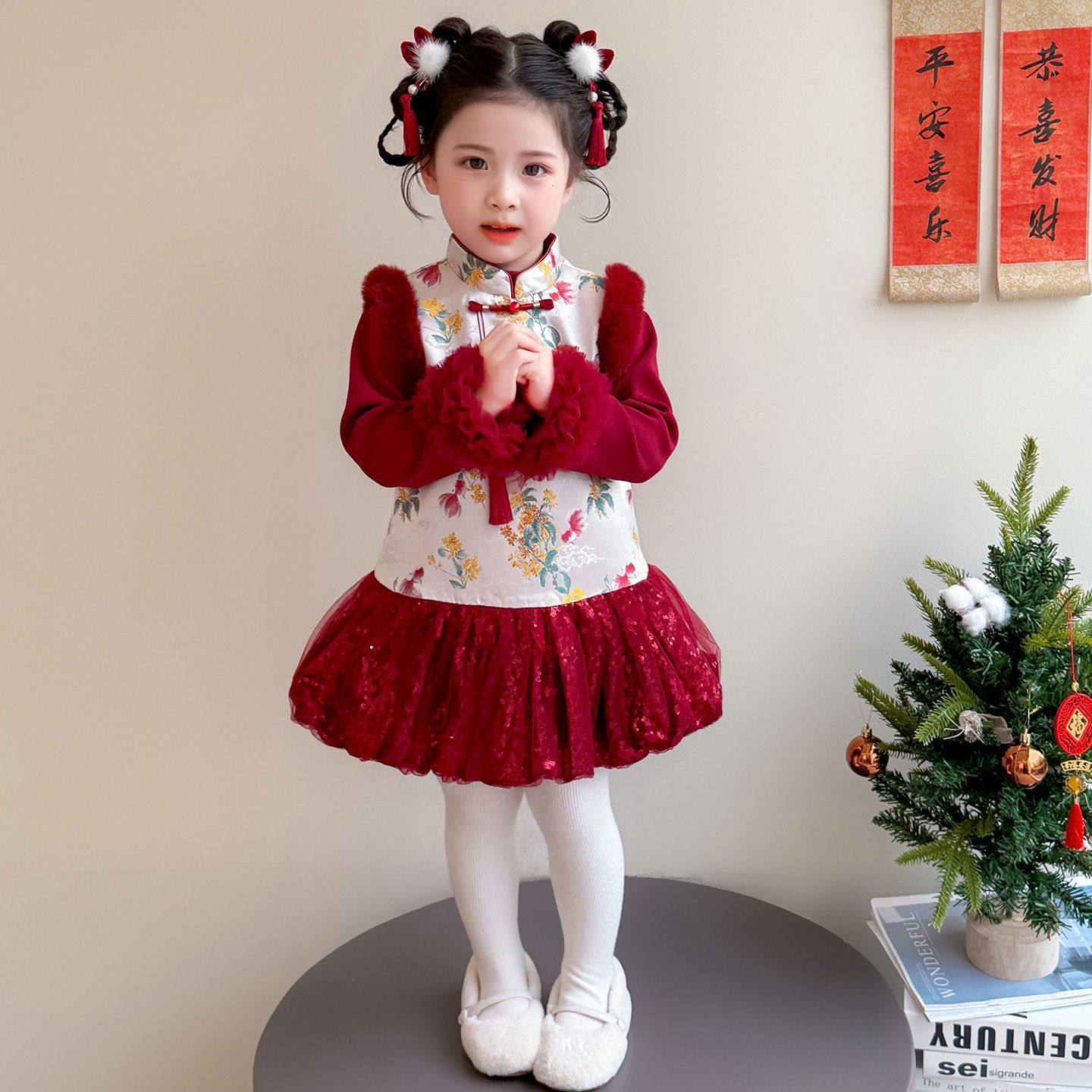 女童套装秋冬春儿童新中式国风唐装加绒加厚保暖新年背心裙拜年服