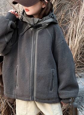 女童毛毛外套秋冬春儿童拼色羊羔毛上衣男童宽松连帽棉服潮