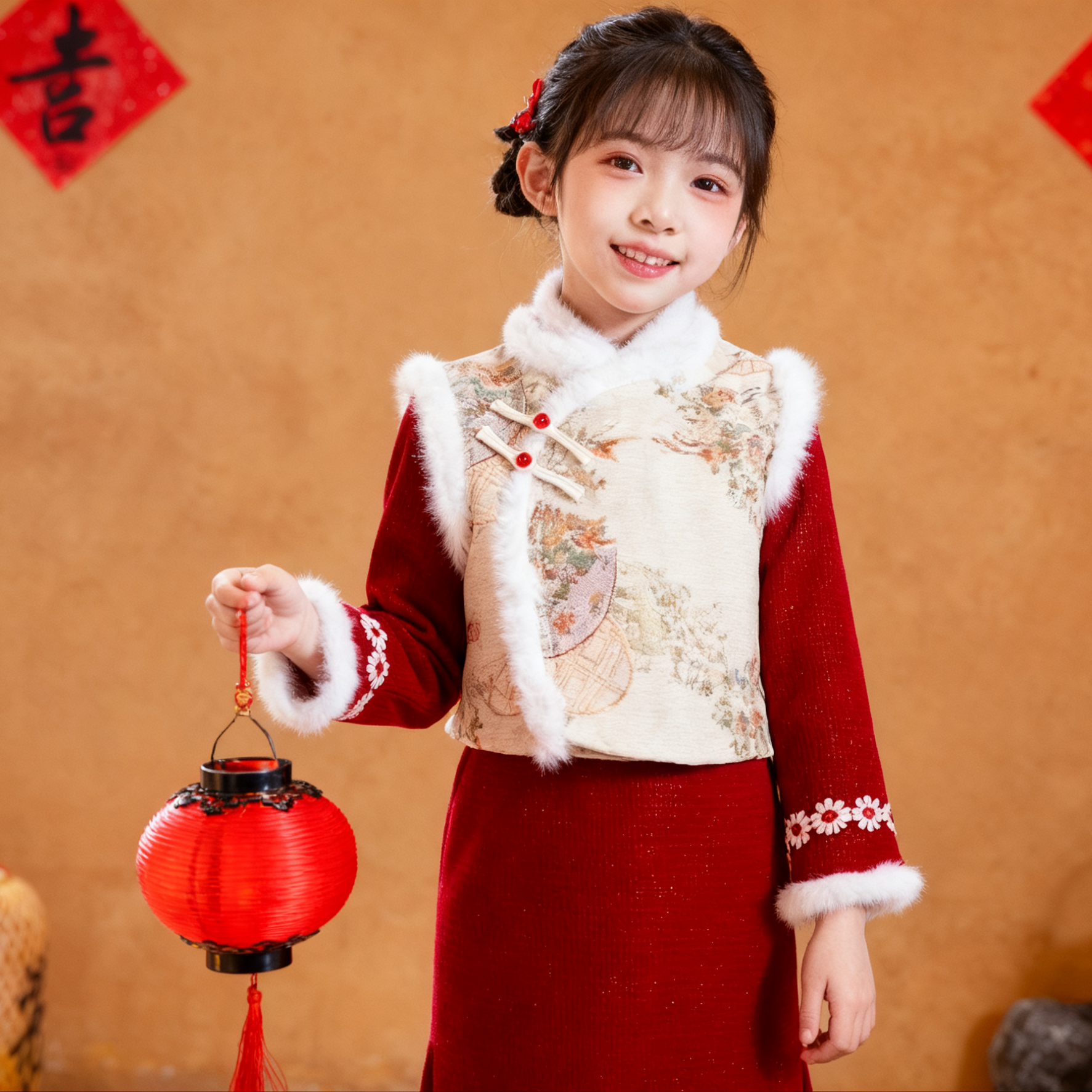 女童加绒旗袍裙冬春儿童中国风汉服连衣裙马甲加厚背心古装拜年服图片