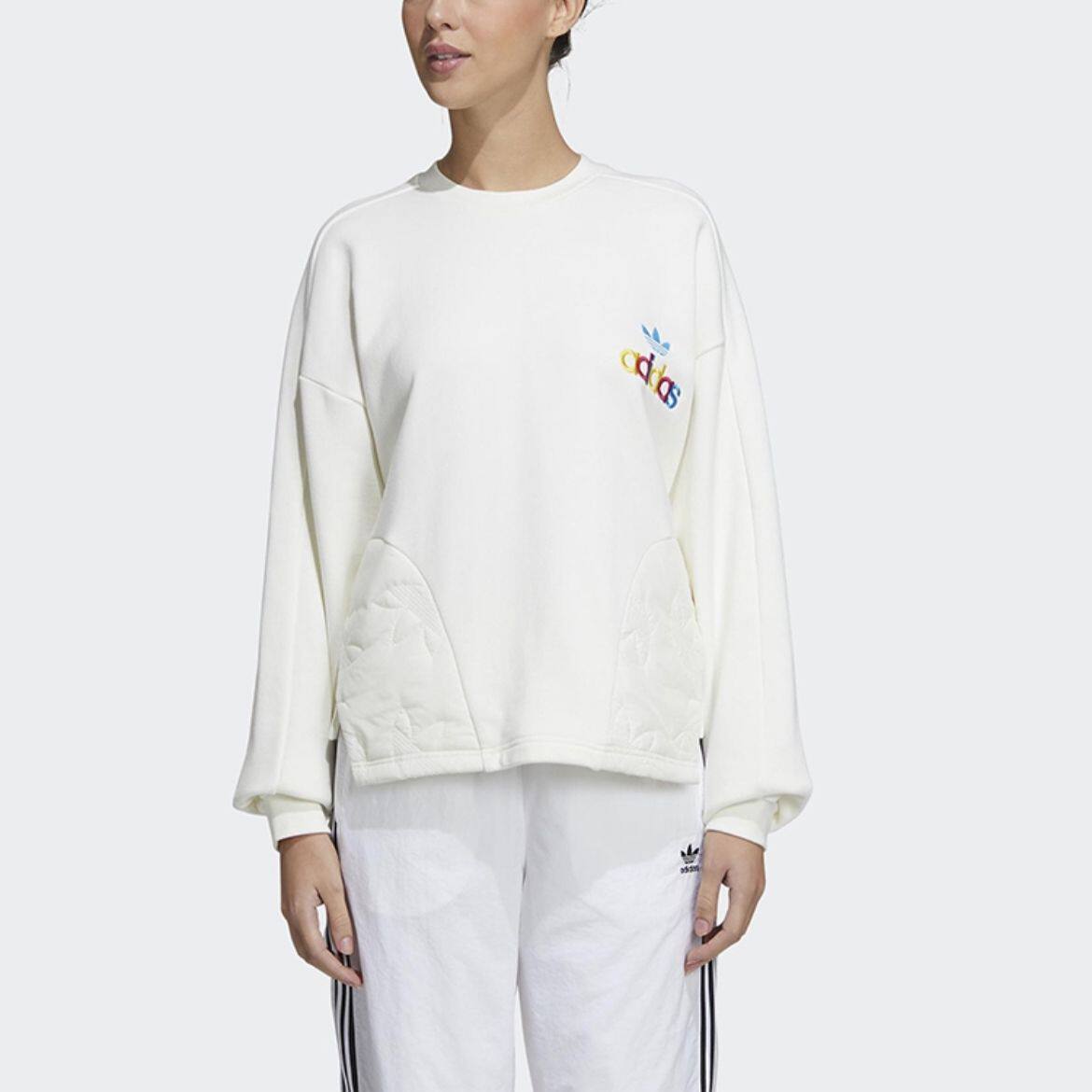 阿迪达斯/Adidas正品三叶草字母印花套头衫女款运动圆领卫衣白色