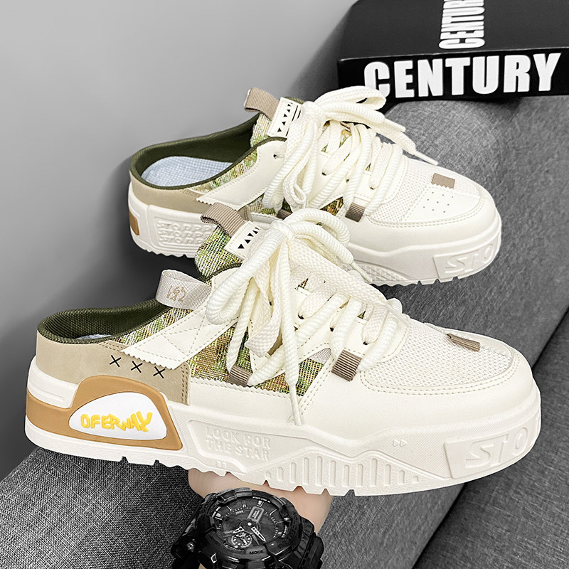 帆布鞋男款夏季潮流百搭运动休闲小白板鞋一脚蹬无后跟包头半拖鞋,流行男鞋,帆布鞋,淘宝优惠券,粉丝福利购,淘宝优惠卷