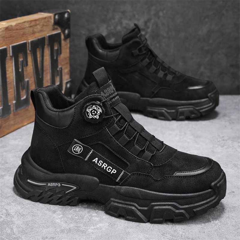 男鞋秋季高帮黑色耐脏工地劳保工作鞋男士旋转纽扣户外徒步登山鞋,流行男鞋,单鞋,淘宝优惠券,粉丝福利购,淘宝优惠卷