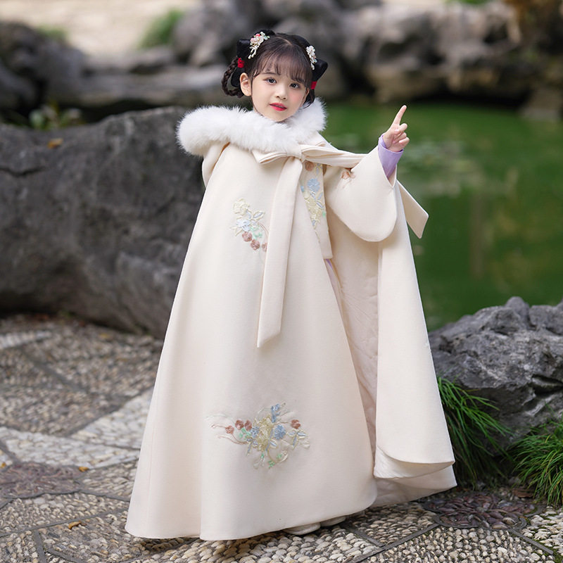 儿童古装汉服披风斗篷女童冬款超仙毛领长款连帽披肩新年装拜年