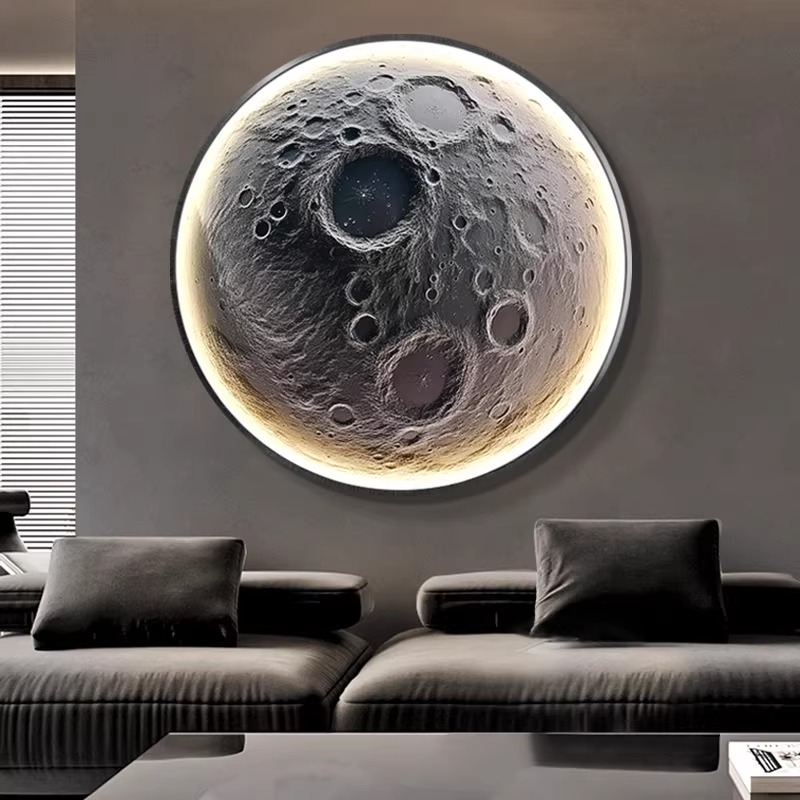 月球壁画灯圆形走廊装饰画主卧床头背景墙壁挂画客厅LED灯光画灯图片