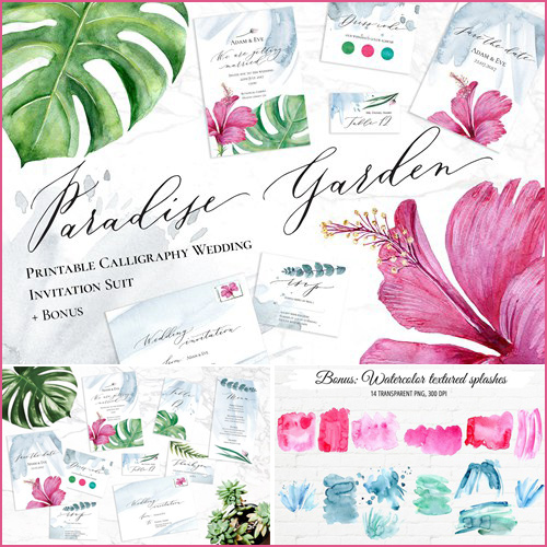 手绘水彩朱槿花龟背竹婚礼邀请函卡片背景元素矢量+PSD+PNG素材图