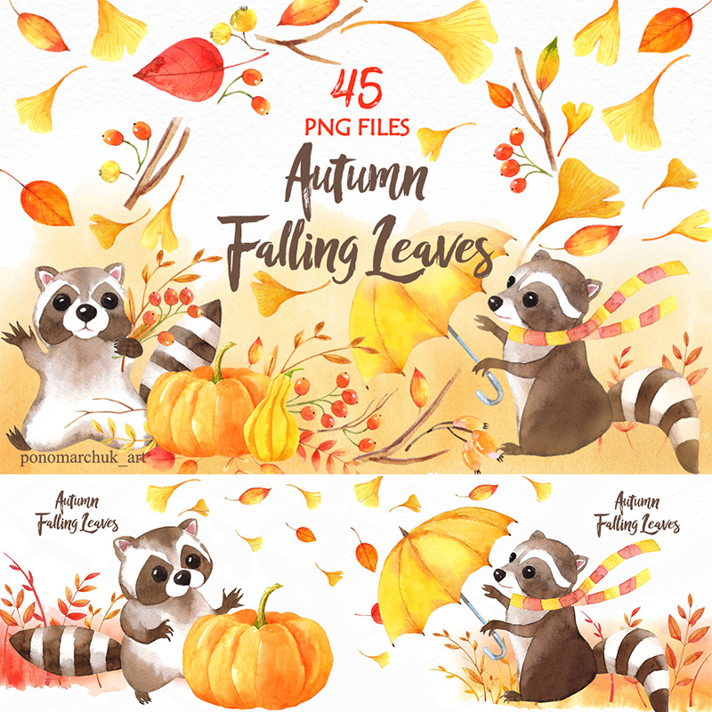 手绘秋季黄色落叶可爱浣熊干脆面君DIY图案元素PNG免抠设计素材图