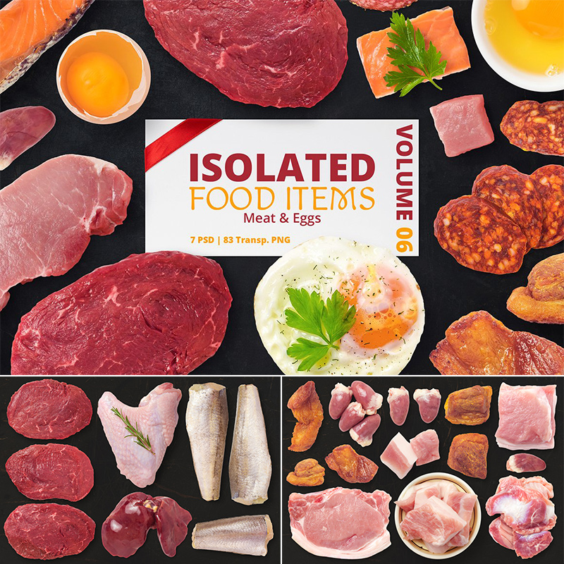 实拍高清生鲜鸡蛋牛肉鸡肉猪肉牛排火腿香肠鸡心肉类png+PSD素材