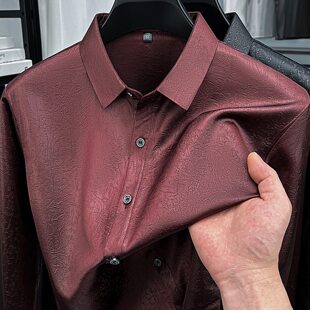 仿香云纱感长袖衬衫男2026春季高级感中年爸爸装休闲潮流印花衬衣