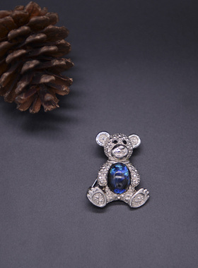 【vintage】古董 复古着 宝蓝色 欧泊石 银质 小熊 胸针