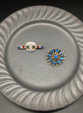 vintage 古董 老首饰 多彩宝 人造水晶 海蓝色 徽章 胸针